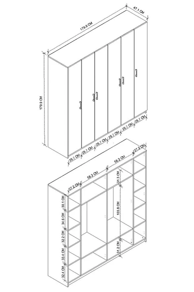 6 Kapaklı 16 Raflı Gardırop Elbise Dolabı 6 Kapaklı Gardırop Smyrna Safir Meşe Beyaz